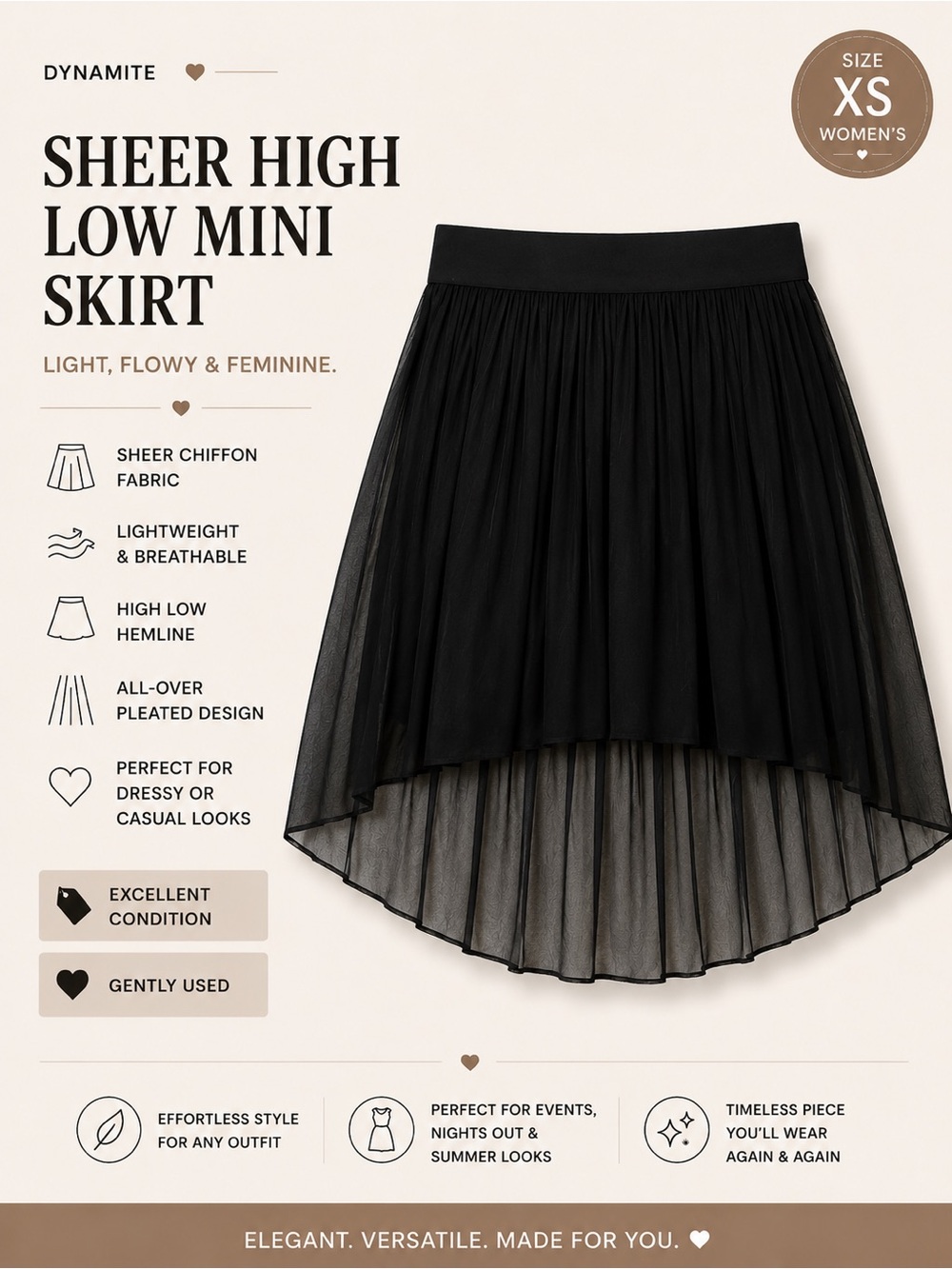 Dynamite Black Sheer High-Low Mini Skirt XS | Chiffon Pleated Party Cocktail